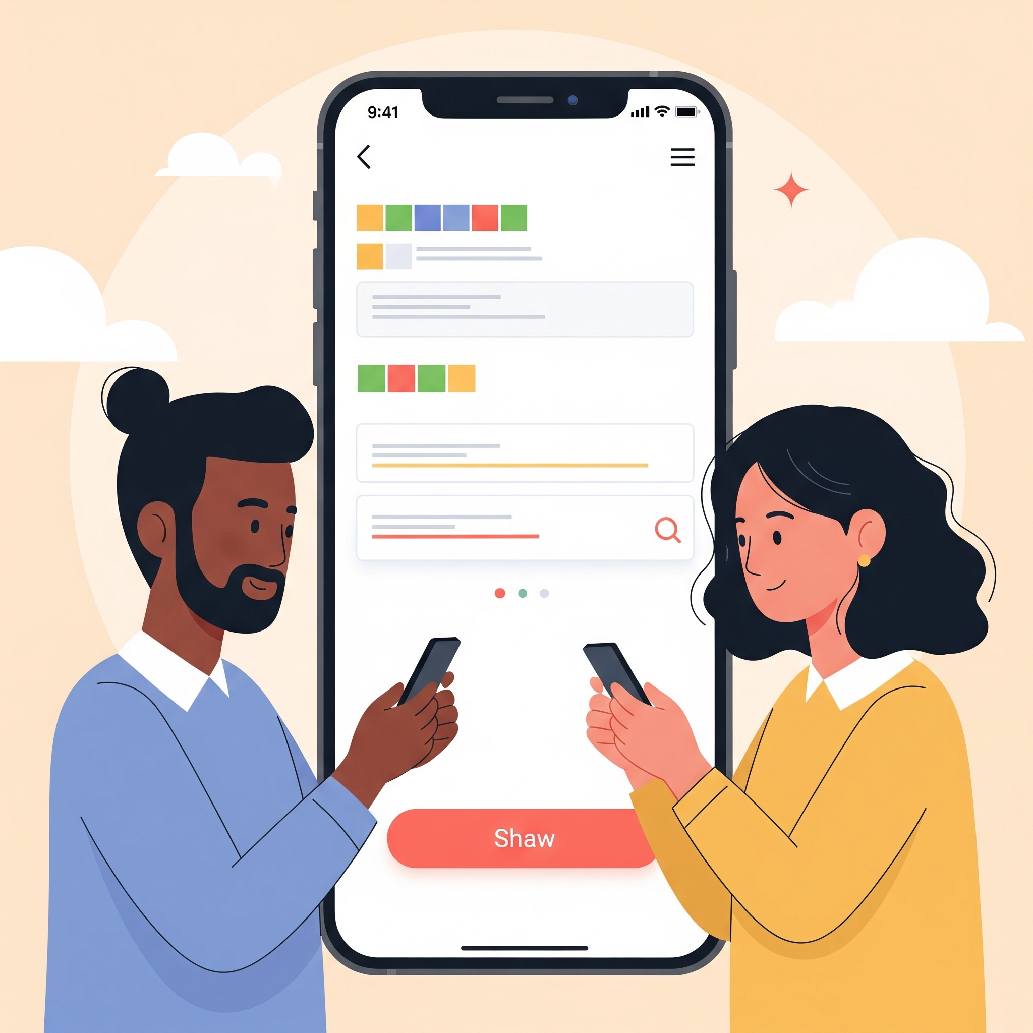 Two people using a mobile app together, with a large smartphone screen showing colorful health or task management features in the background.