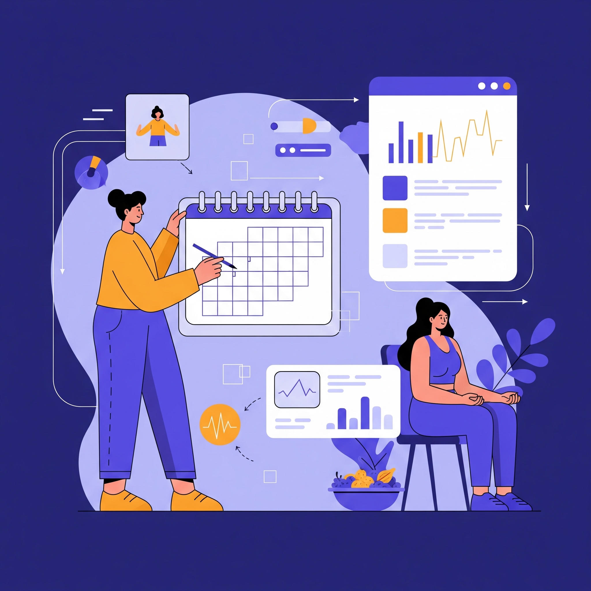 Two women reviewing a health schedule and data dashboard, surrounded by charts and wellness icons representing digital health tracking.