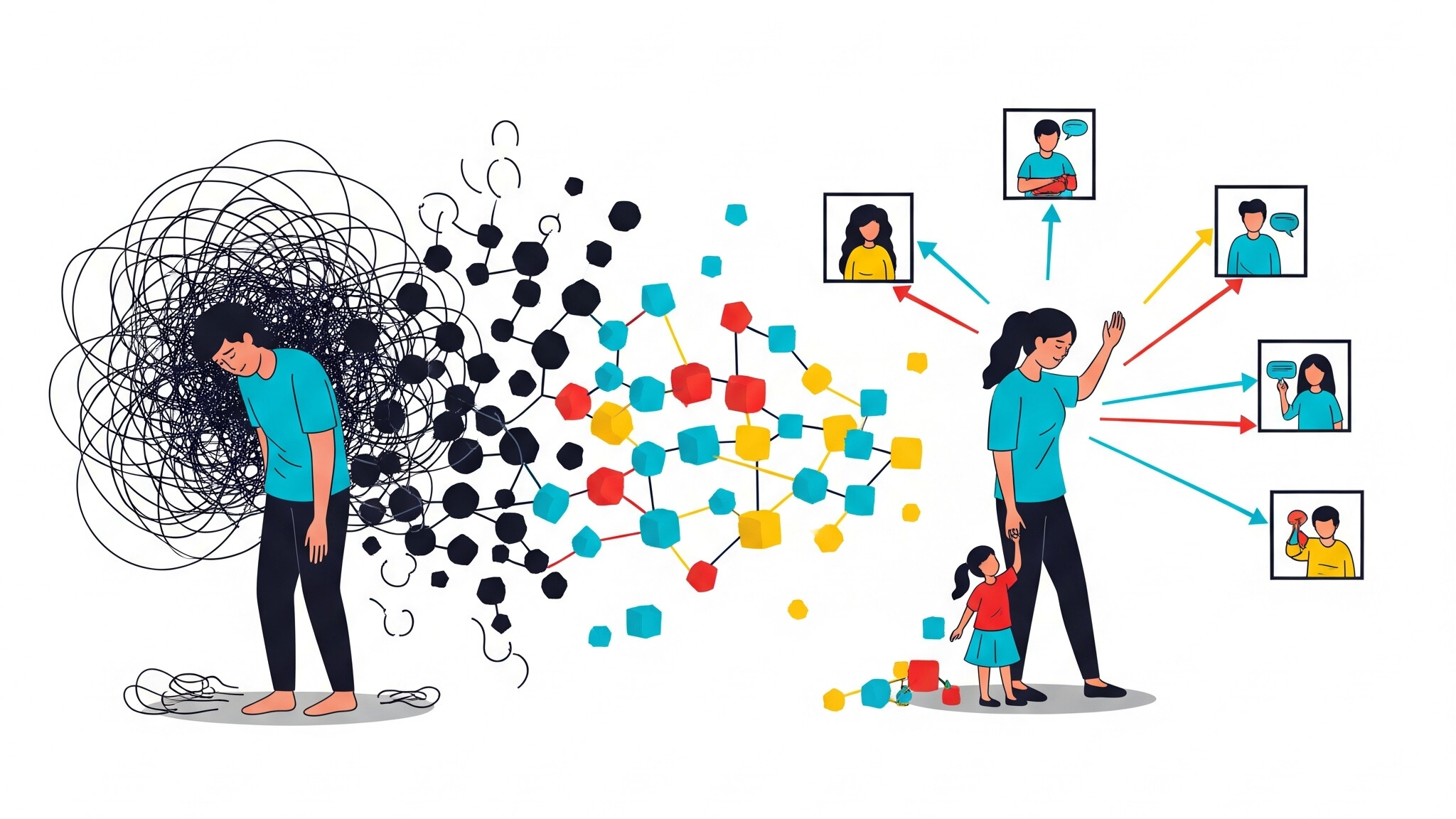 Illustration of a stressed mother finding mental clarity and connection, transforming chaos into a support network for herself and her child.