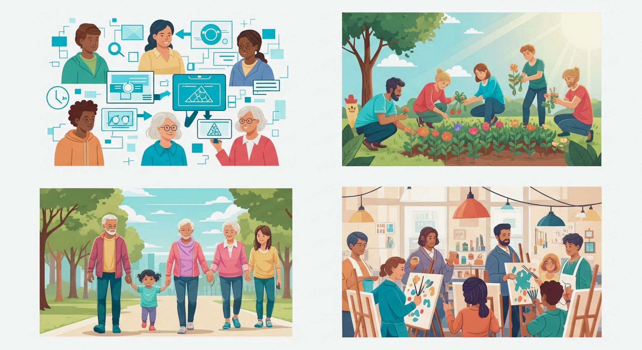 Diverse intergenerational community engaging in tech learning, gardening, group walks, and creative painting workshops.